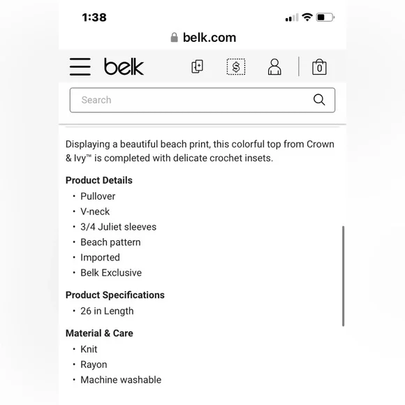 Crown & Ivy Belk Beach Print 3/4 Juliet Sleeves Crochet Inset Rayon Blouse XL - Picture 8 of 11